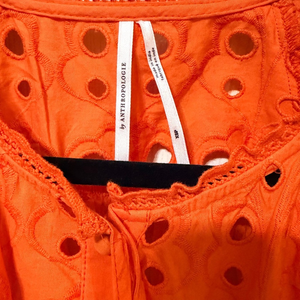 Anthropologie Orange Eyelet Puff Sleeve Blouse Tie Neck Button Front XSP - Picture 7 of 10